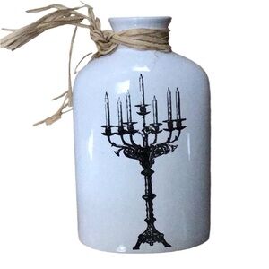 Halloween Black & White Spooky Black Candelabra Raffia Tie Large White Vase NWT